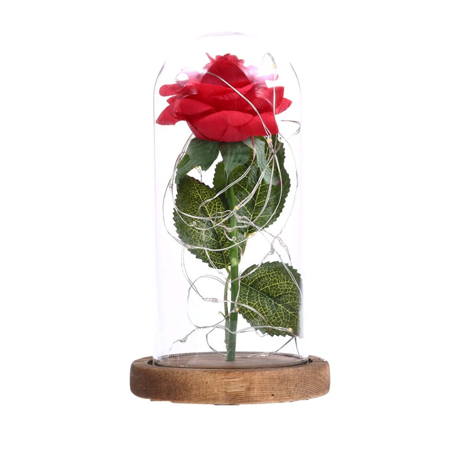 Bloem Rode Roos In Glas Dome Houten Base Led Rose Lampen Woondecoratie Accessoires Kunstbloem Valentijnsdag: Default Title