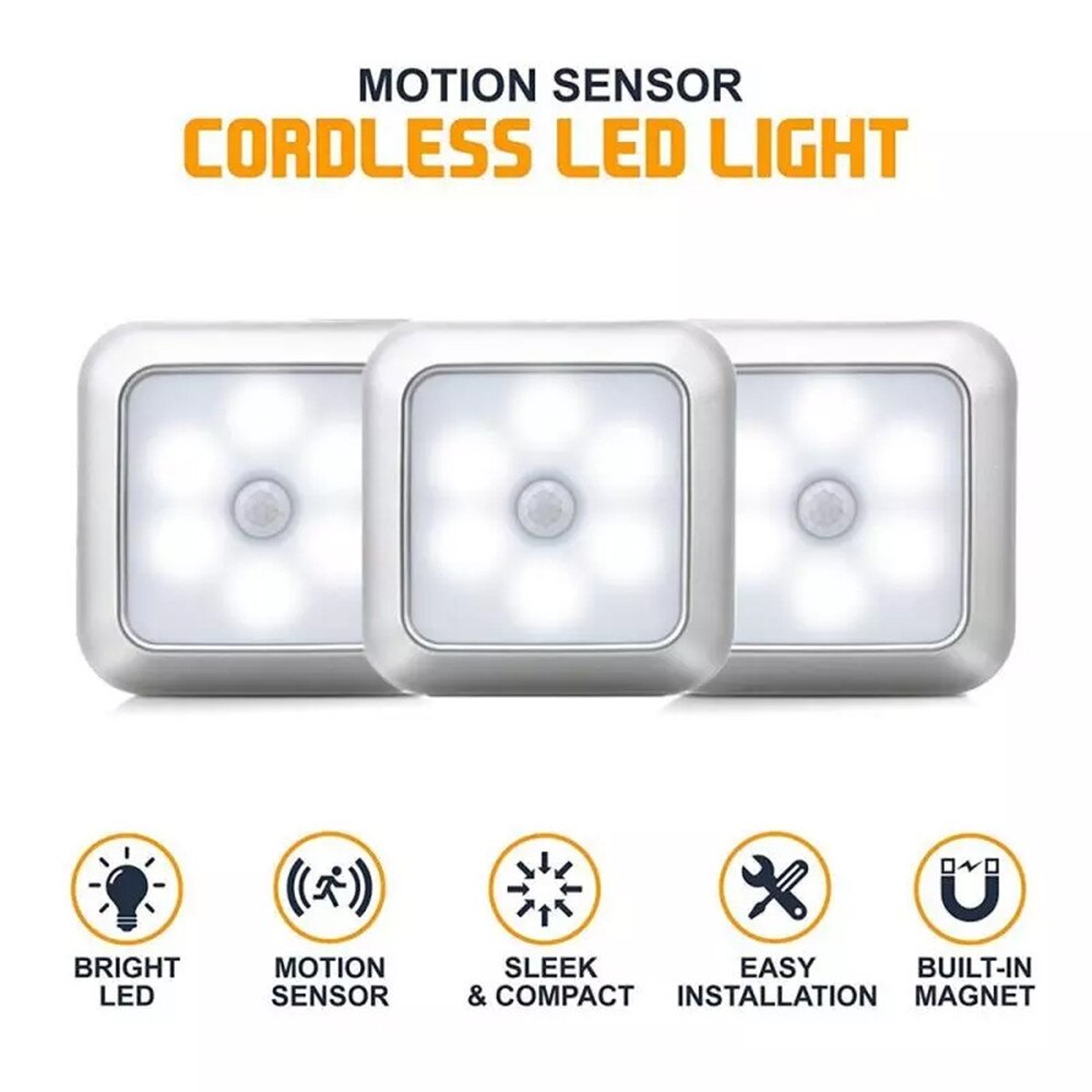 Battery Powered 6 LED Square Motion Sensor Night Lights PIR Wireless Induction Under Cabinet Light Closet Lamp Stairs Kitchen