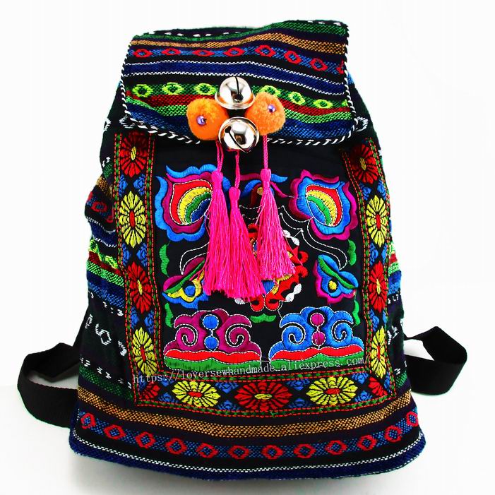 Hmong-mochila étnica Bohemia con bordado de la India, bolso bohemio hippie, mochila, tamaño L, SYS-170E: Orange pom