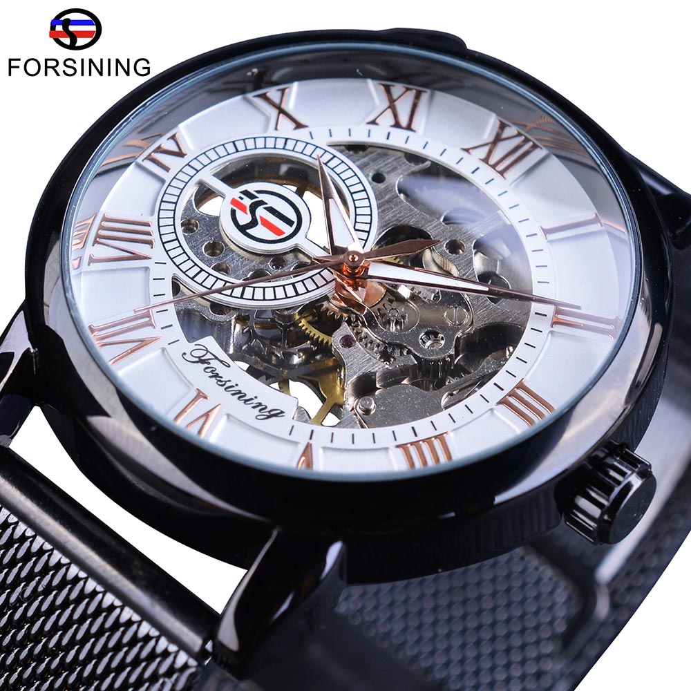 Forsining Classic Retro Luxe 3D Romeinse Aantal Zwarte Mesh Band Transparant Mannen Mechanische Skelet Horloges Top Luxe: White