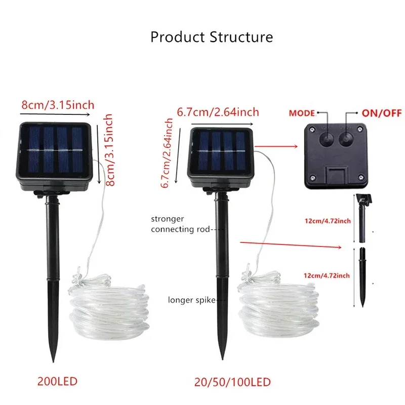 Outdoor Solar Tube Rope Led String Lights Street Yard Camping Garden Decoration Wedding Garland Waterproof Fairy Strip Light