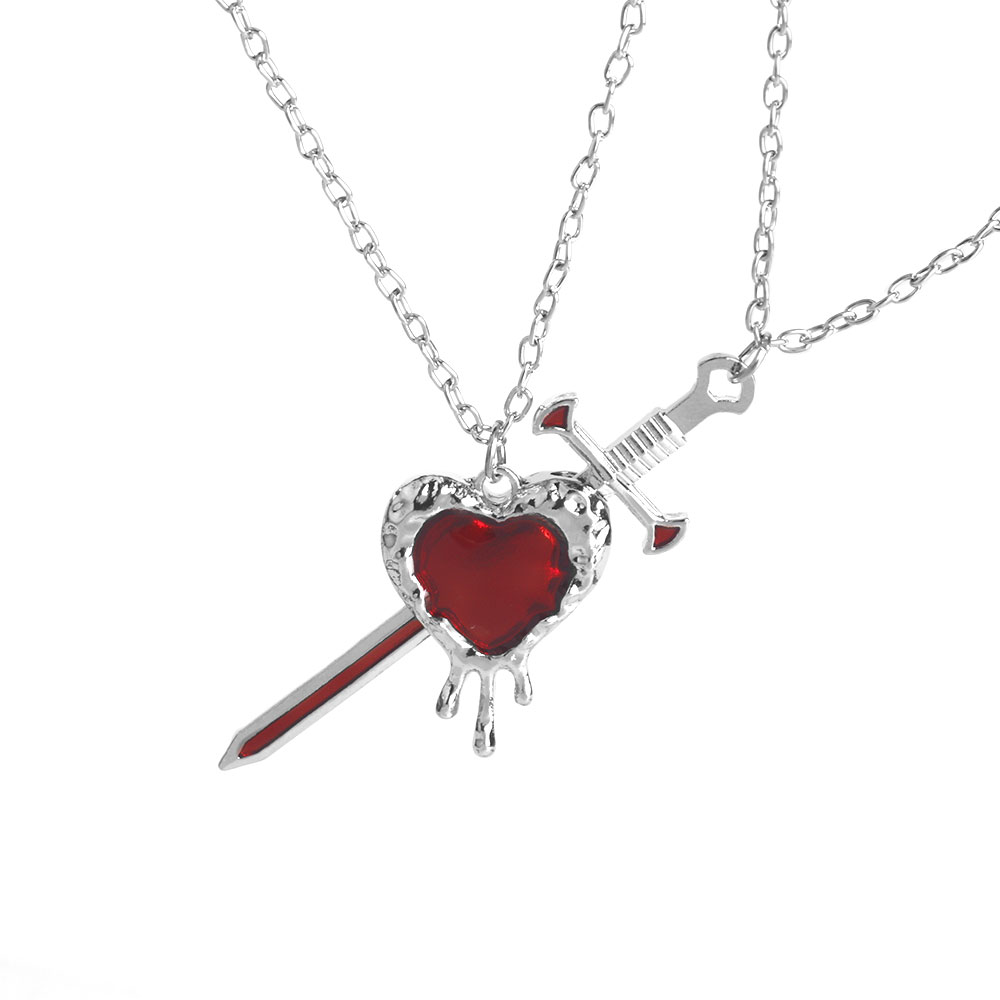 Um conjunto de coração vermelho e espada casal colar clavícula corrente espada colar acessórios de moda para presente de natal feminino: Cor de aço