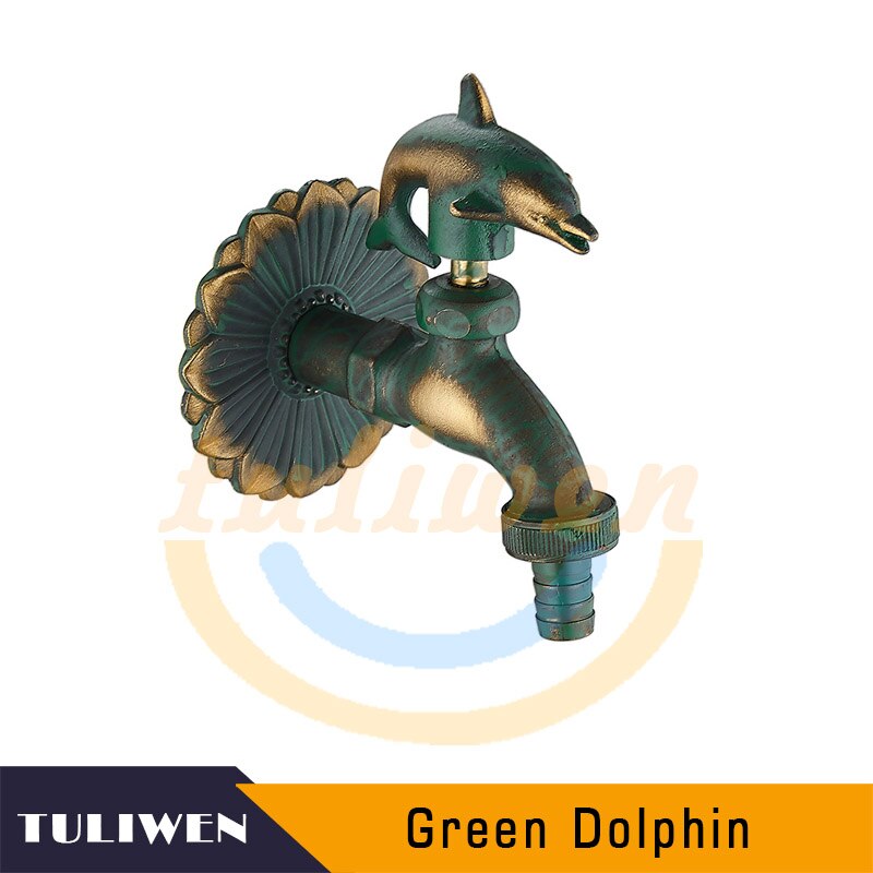 Decorative Antique Brass Garden Outdoor Faucet Cold Water Tap - With a Set of Brass Quick Connecter for 1/2&quot; Inches Hose: Dolphin-Green