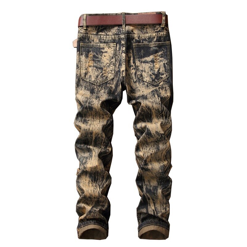 Mænd vintage ripped jeans overskægseffekt joggers retro jeans gule distressed denim bukser tiger broderet plus størrelse 29-42