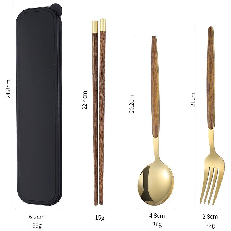 Draagbare Servies Eetstokjes Lepel Set Drie Stuk Met Ingelegd Opbergdozen Outdoor 430 Roestvrij Staal Houten Eetstokjes Set