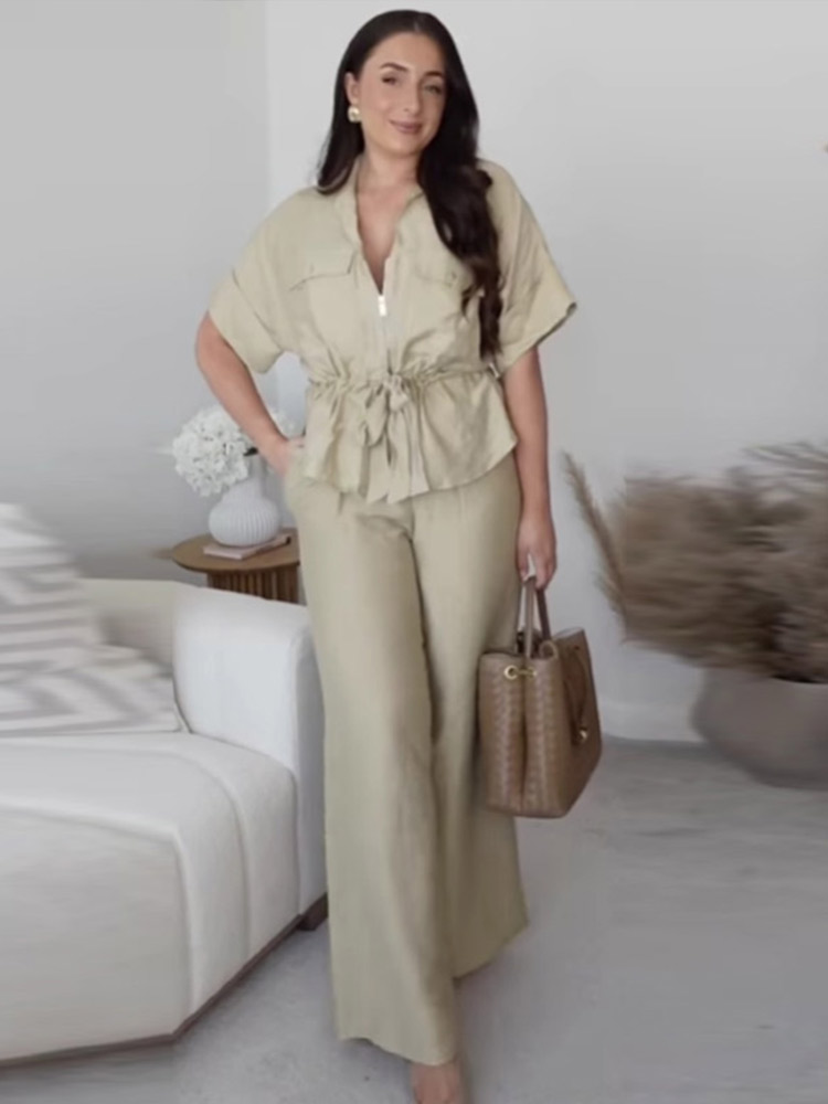 Set Woman 2 Pieces Short Sleeve Stand Zippers Lace Up Tops Loose Straight-leg Pants Summer Female Casual Outfits