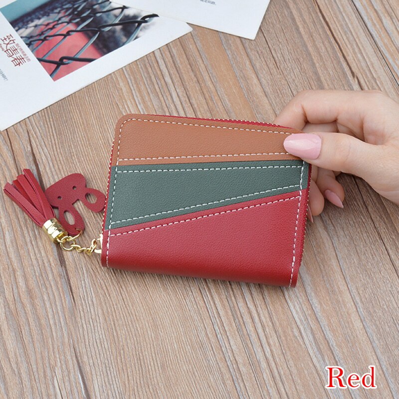 Women Wallets with Zipper Pink Phone Pocket Purse Card Holder Patchwork Women Long Wallet Lady Tassel Short Coin Purse: B Red