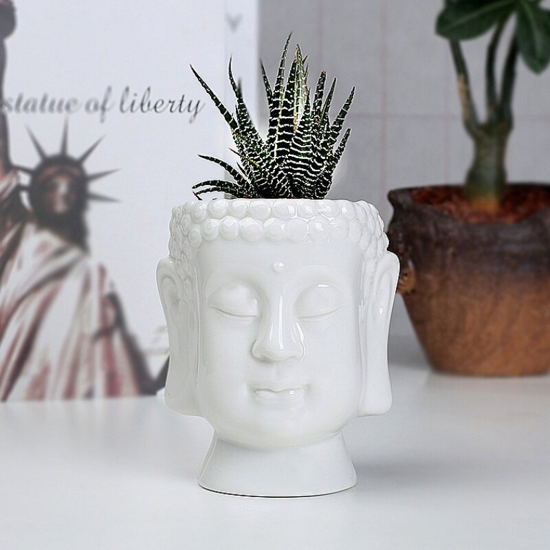 1 pieza estatua de Buda de cerámica maceta de Cactus de escritorio maceta de flores suculentas decoración de hogar Oficina florero blanco