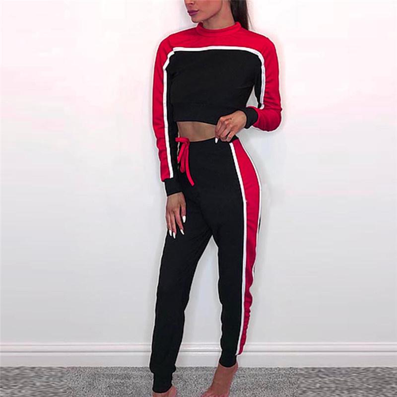 Women Gym Clothing Color Matching O-Neck Long Sleeve Crop Top Lace Up High Waist Pant Tractsuit Sets 2 Piece Sport Jogging Suits: Red / M