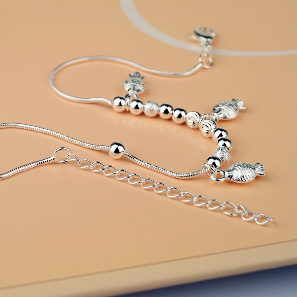 Zomer Vrouwen Pure 925 Zilveren Enkelbandje Charm Fish Hanger Snake Chain 20-28Cm Enkelband Sandalen Sieraden karabijn