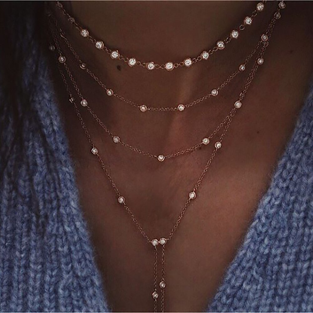 Vintage Crystal Geometry Star Moon Lock Necklace For Women Boho Multi-level Pendants Necklaces Chokers Jewelry: NE-0458-3