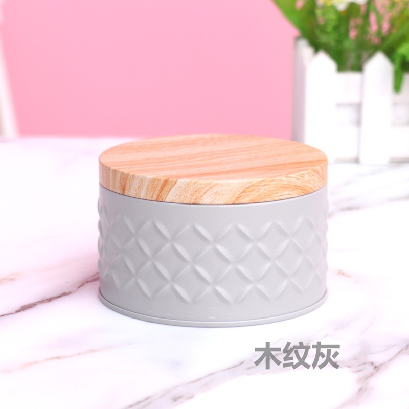 Round Empty Iron Box with Wood Grain Lid Metal Candy Storage Box Diy Candle Making Jar Coffee Tea Can Christmas Biscuit Package: red