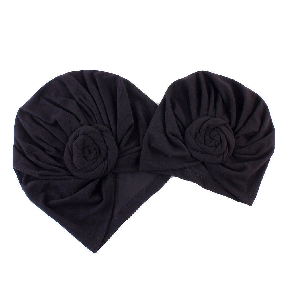 2pcs Women Baby Turban Hat Solid Warm Children Parent-child Cap Twist Knot Bonnet Wrap Caps Mom Baby's Casual Hats: Black