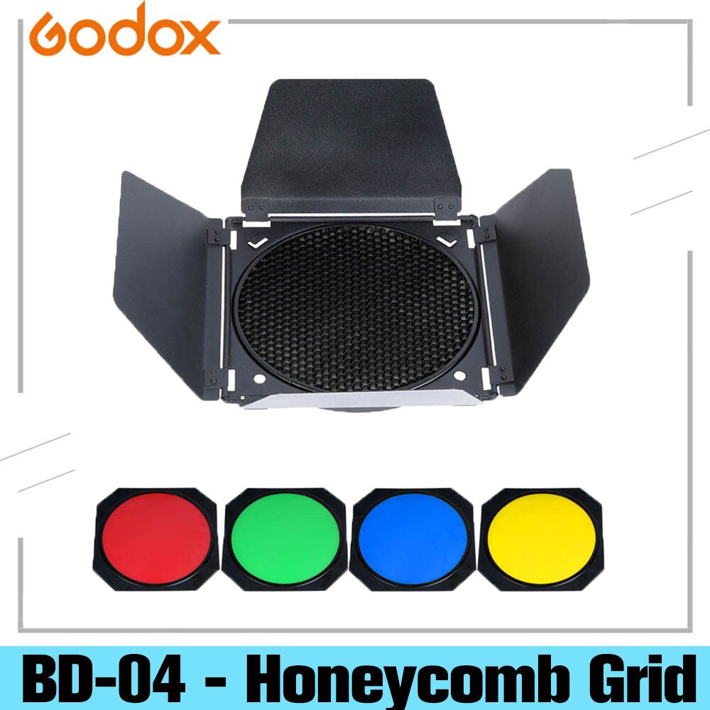 Godox BD-04 - Honeycomb Grid Barn Door Honeycomb Grid Met 4 Color Gel Filter Voor Standaard Reflector