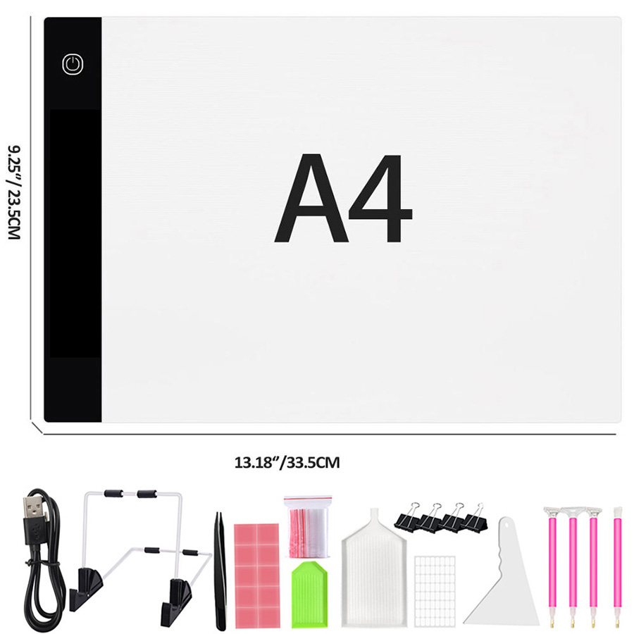 Tablette lumineuse LED A5/A4/A3 pour dessin et peinture diamant, support pour stylo, réglable, alimenté par USB, pour dessiner, tracer, accessoires: A4 Set
