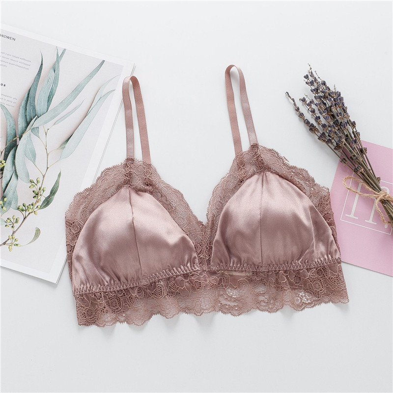 Birdsky, 1PC Women silk bra brassiere lace thin breast top detachable pad wire rimless no formaldehyde, 100% mulberry silk.OR-76: COFFEE / L