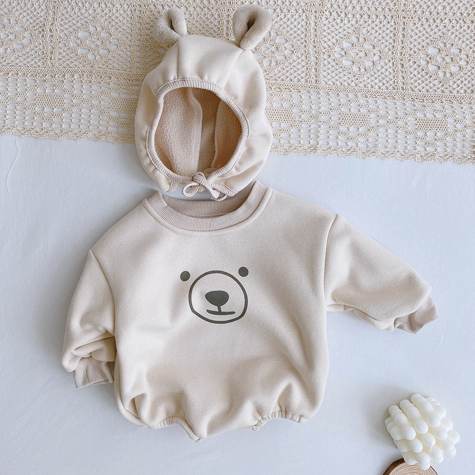 Baby Jongens Meisjes Cartoon Beer Print Romper Lange Mouw Bodysuit Met Hoed Katoen Kids Baby Winter Plus Fluwelen Dikker Jumpsuits