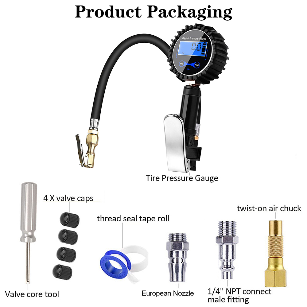 Inflation Monitoring Manometer Aluminum Alloy Air Line Clip-on Tyre Pump Tire Pressure Inflator Gauge Universal LCD Digital