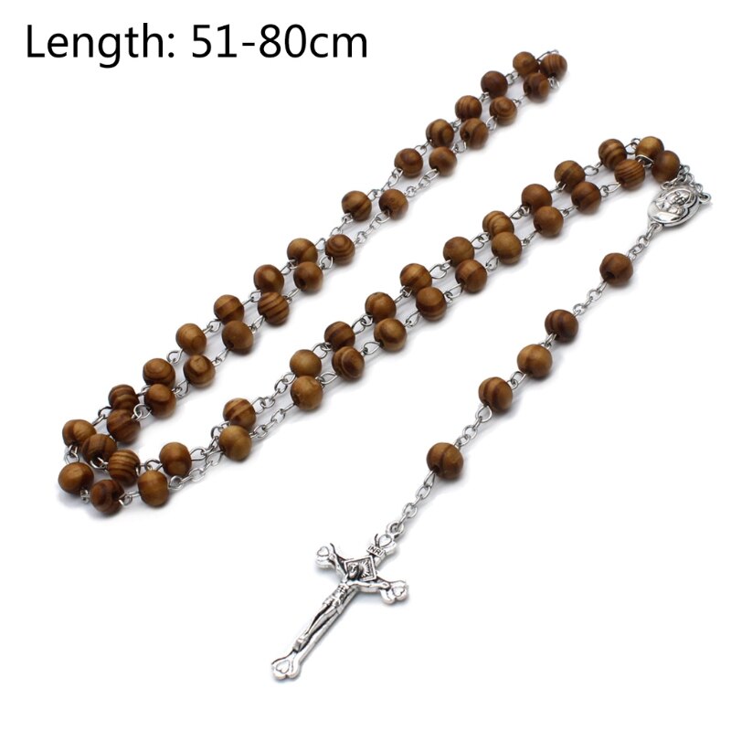 Retro Houten Rozenkrans Kralen Ketting Voor Vrouwen Cross Jezus Hanger Religieuze Christian Sieraden Charm