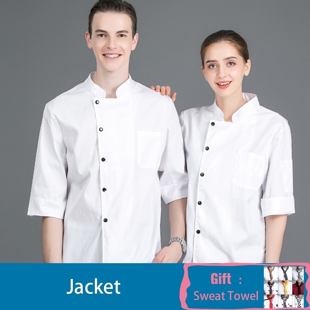 Kokkejakke sju-kvarts erme kokk servitør uniform sommer kjøkken restaurant catering hotell kafé arbeidsskjorte gratis skjerf: Hvit / L