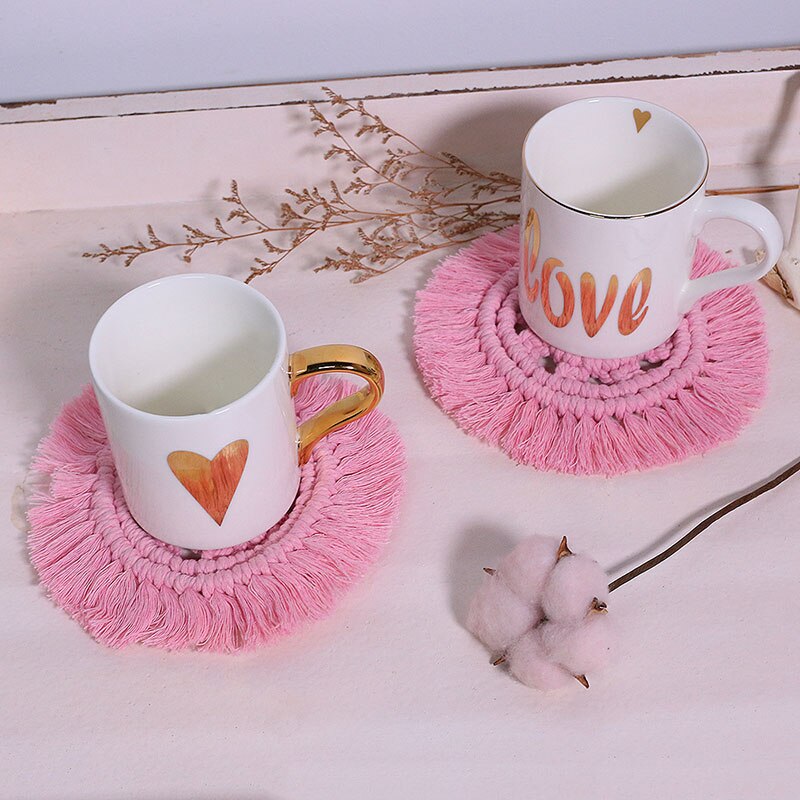 Round Woven Coasters Handmade Macrame Heat-Resistan Cup Mat Tassel Table Decoration for Home TH