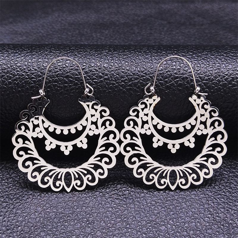 Pendientes de flor de loto de Yoga a la , pendientes de aro de acero inoxidable de Color dorado para mujer, joyería boucles d'oreilles E9360S01: Pistola negra plateada
