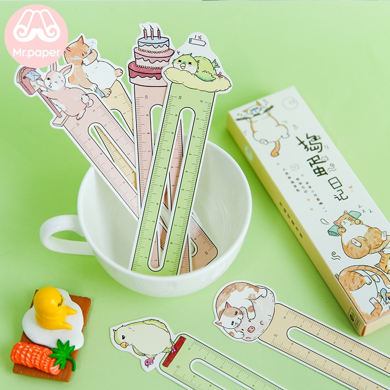 Mr Paper 30pcs/box Kawaii Kitty Ruler Irregular Bookmarks for Novelty Book Reading Maker Page Writing Tool Paper Ruler Bookmarks