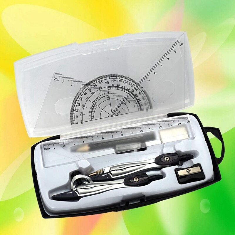 Geometry Compass Set 10Pcs School Maths Protractor Set Rulers for Student Maths and Engineering in Carry Case