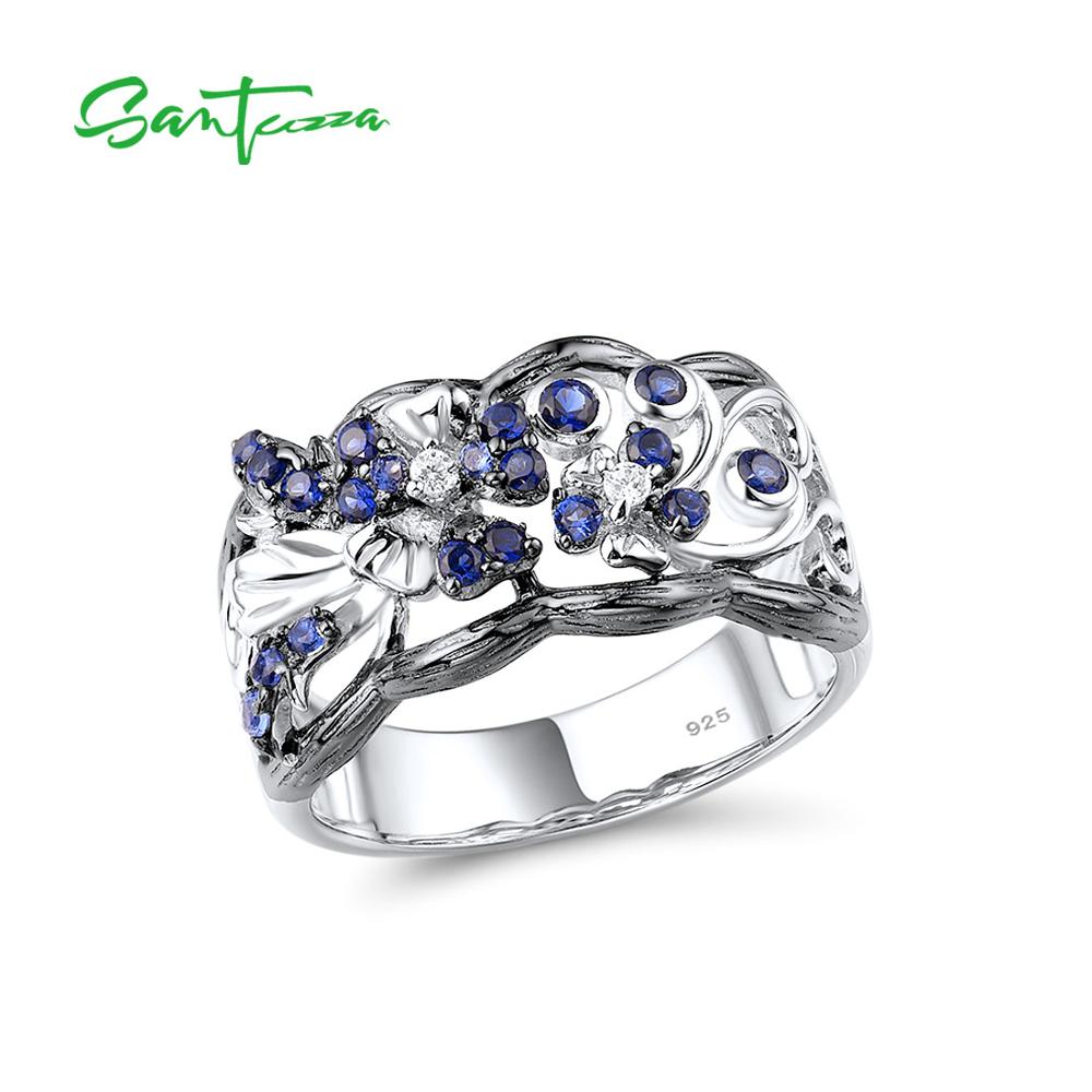 SANTUZZA Silver Rings For Woman Sparkling Blue and White Cubic Zirconia Genuine 100% 925 Sterling Silver Ring Fine Jewelry