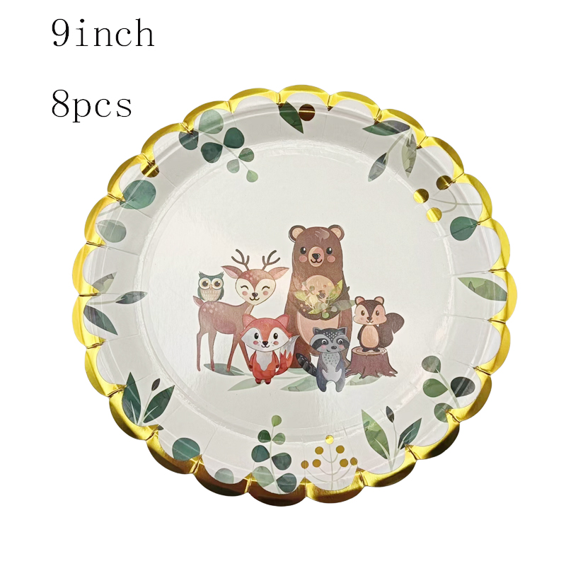 8Pcs Stamped Little Fox Disposable Paper Plate Cup Happy Birthday Picnic Party Baby Shower Jungle Party Decorative Supplies: Dark Khaki