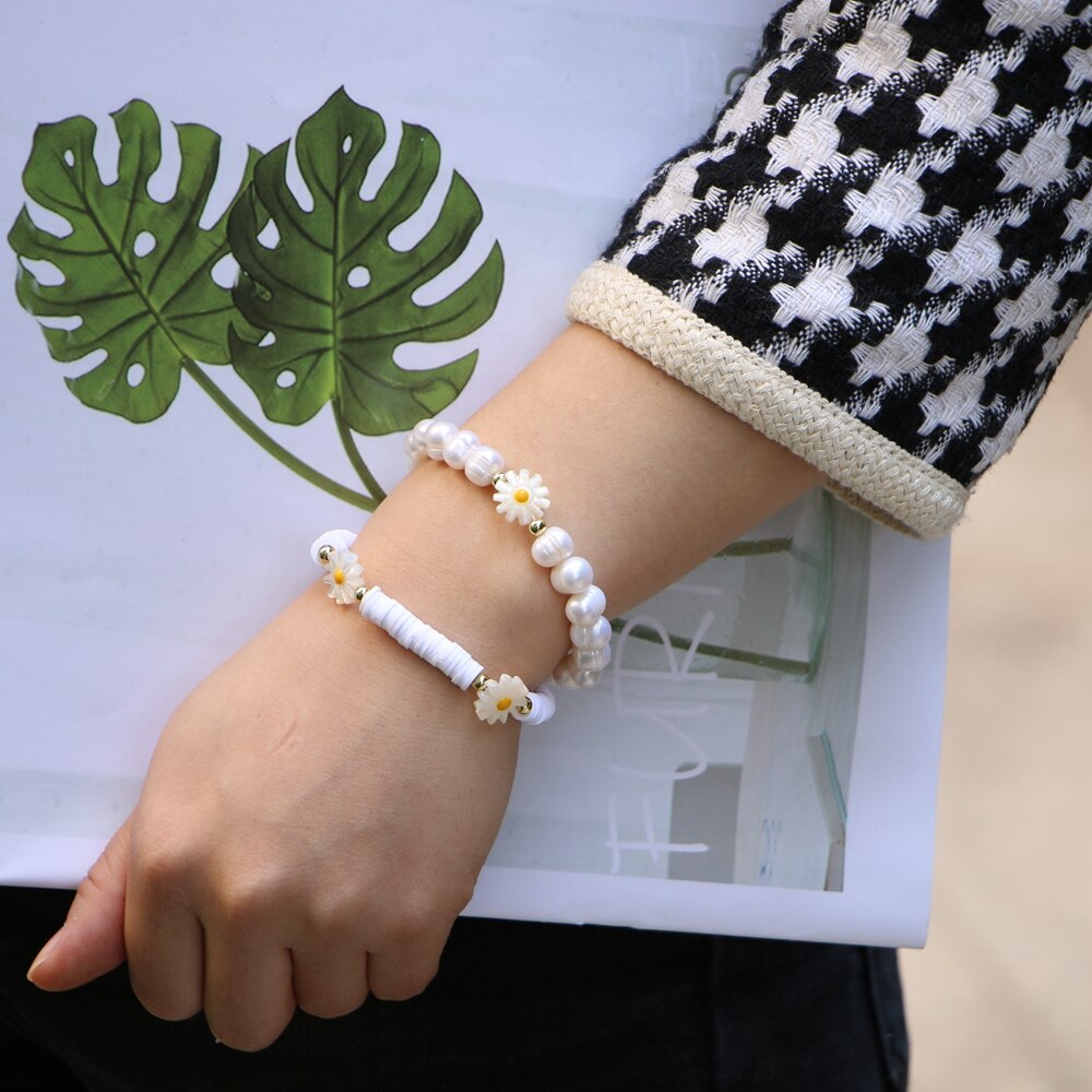 Daisy Bloem Zoetwater Parel Kralen Armband Vrouwelijke Witte Polymeer Klei Kralen Armband Vintage Sieraden