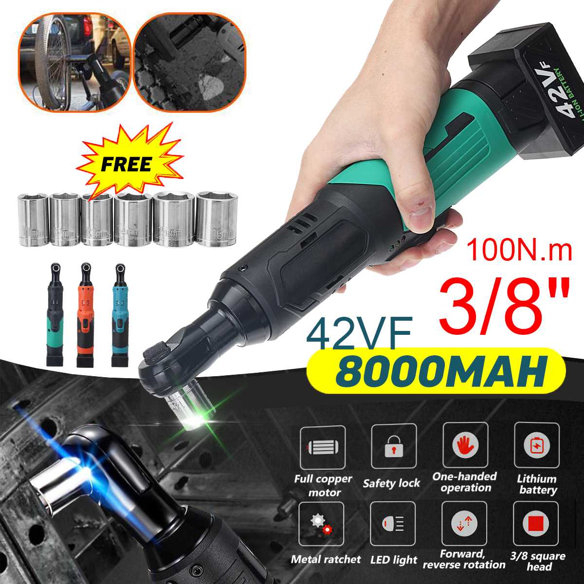 42V Electric Wrench Angle Drill Screwdriver 3/8 Cordless Ratchet Wrench Scaffolding 100NM With Li-Ion Battery Socket Set 9PCS