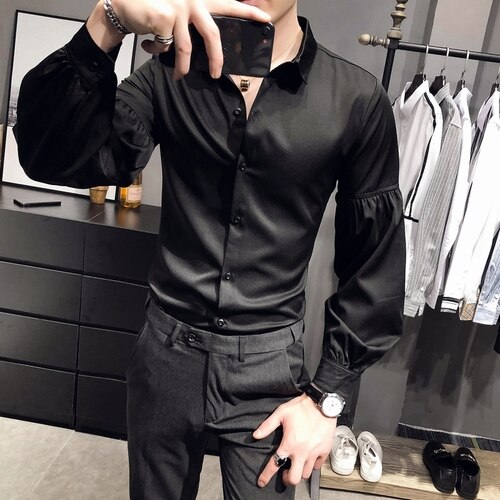 Couleur unie hommes chemises manches bouffantes discothèque scène fête sociale Blouse Chemise Homme coupe mince Streetwear hommes vêtements Camisas: Black / XXL