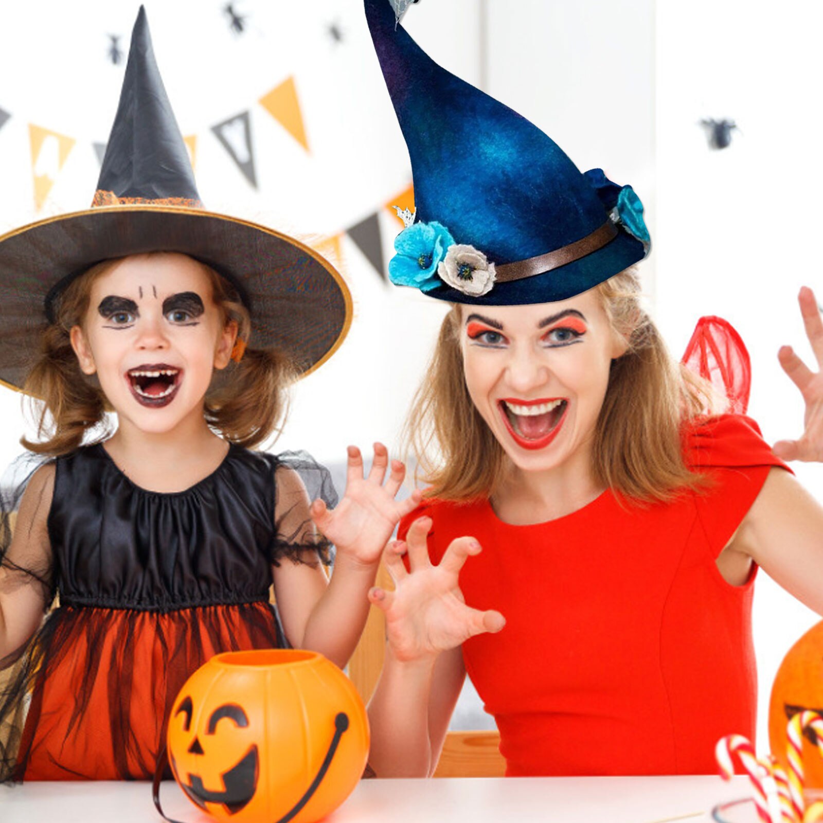 Halloween Party Felt Witch Hat Handmade Witch Hat with Flowers for Women Party Cosplay Costume Accessories