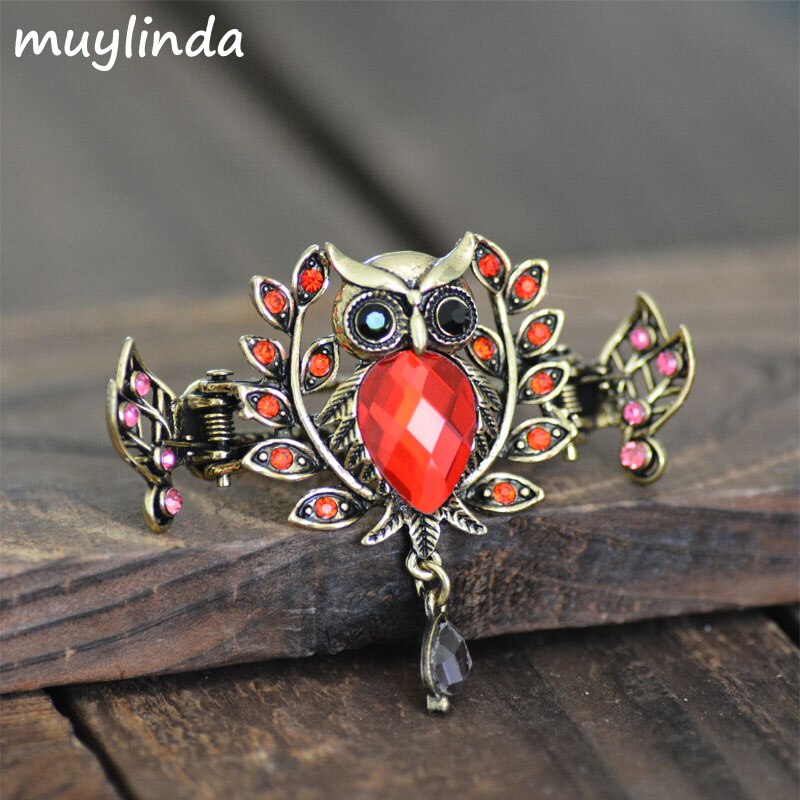 muylinda Vintage Bronze Owl Hair Claw Big Crystal Hair Barrettes Rhinestone Hair Clip Crab Accessories