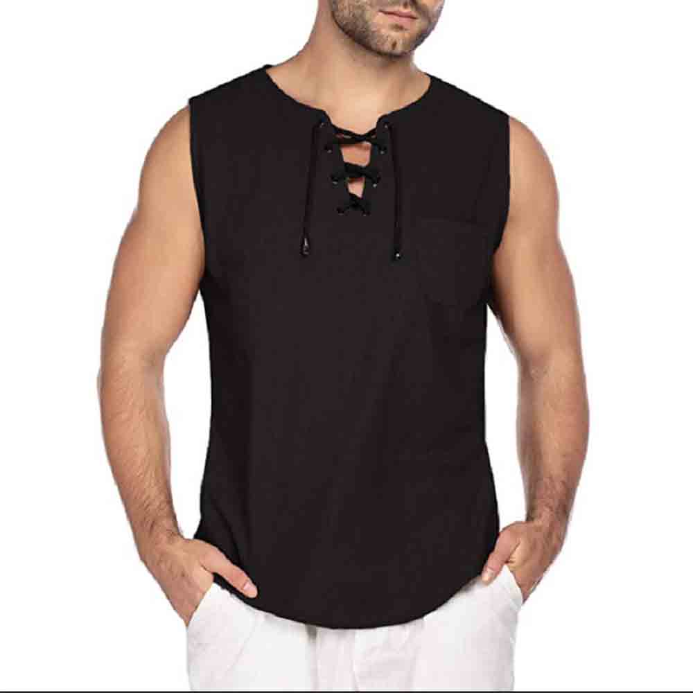 Débardeur d'été en coton et lin pour hommes, t-shirt décontracté sans manches, ample à lacets, col rond, Streetwear,: XL / Black