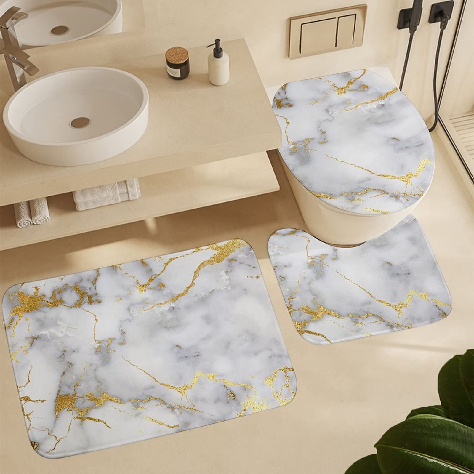 Badkamer marmeren tapijt driedelige set toiletovertrek voetmat badkamer decoratieve mat antislip waterabsorberend dik en comfortabel