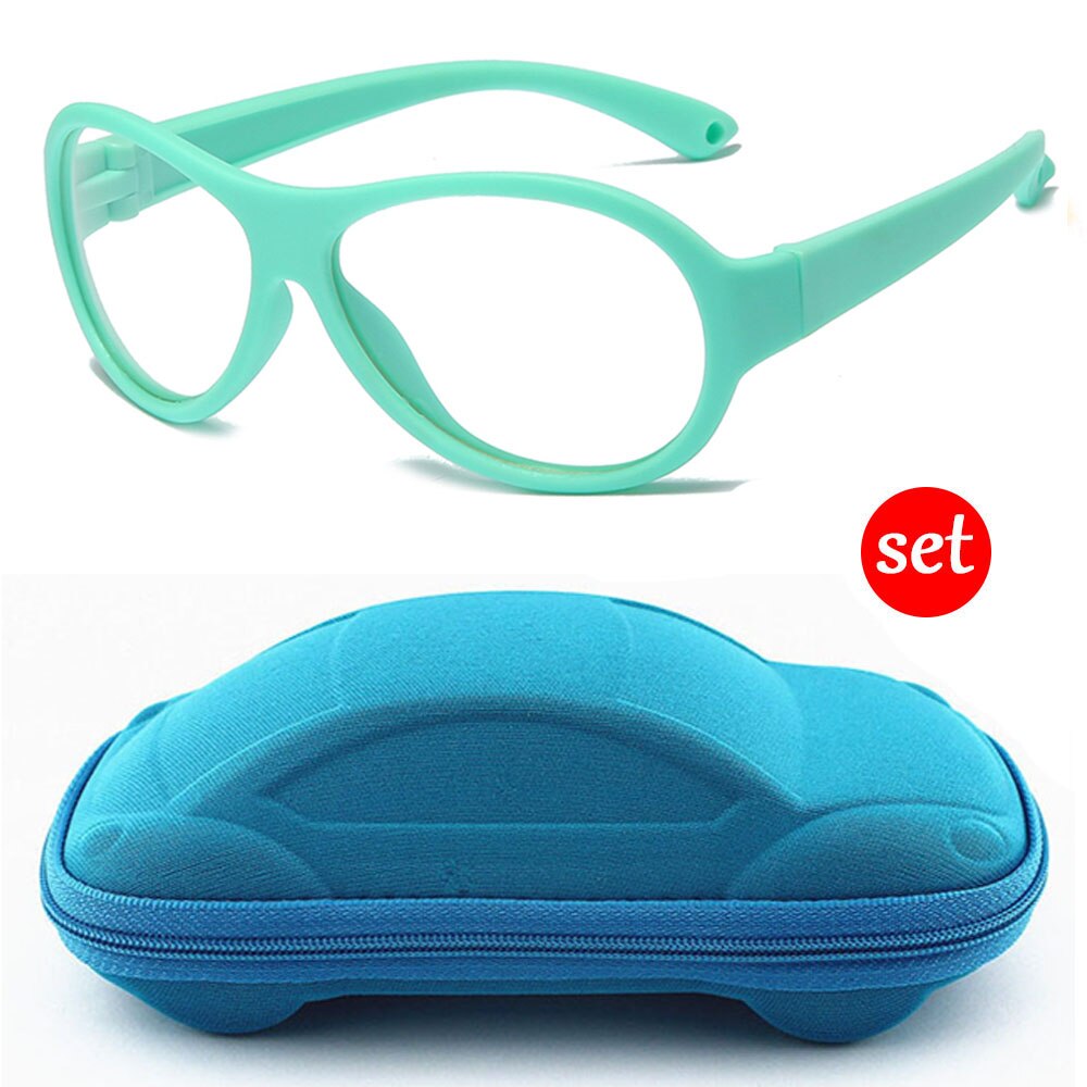 Longkeeper anti blåt lys børnebriller med bilformet brilleetui børn fleksibelt optisk stel eyeware dreng pige briller: Grøn-blå sag