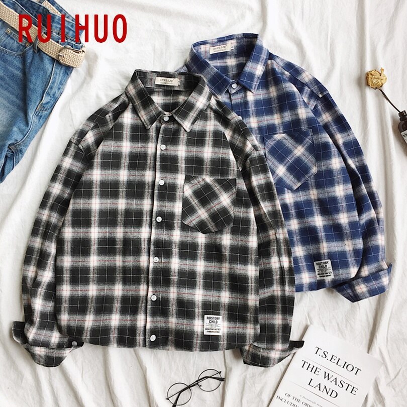 RUIHUO Plaid Shirts For Men Clothing Streetwear Men Shirt Black Long Sleeve Plaid Shirt Men Korean Clothes M-2XL