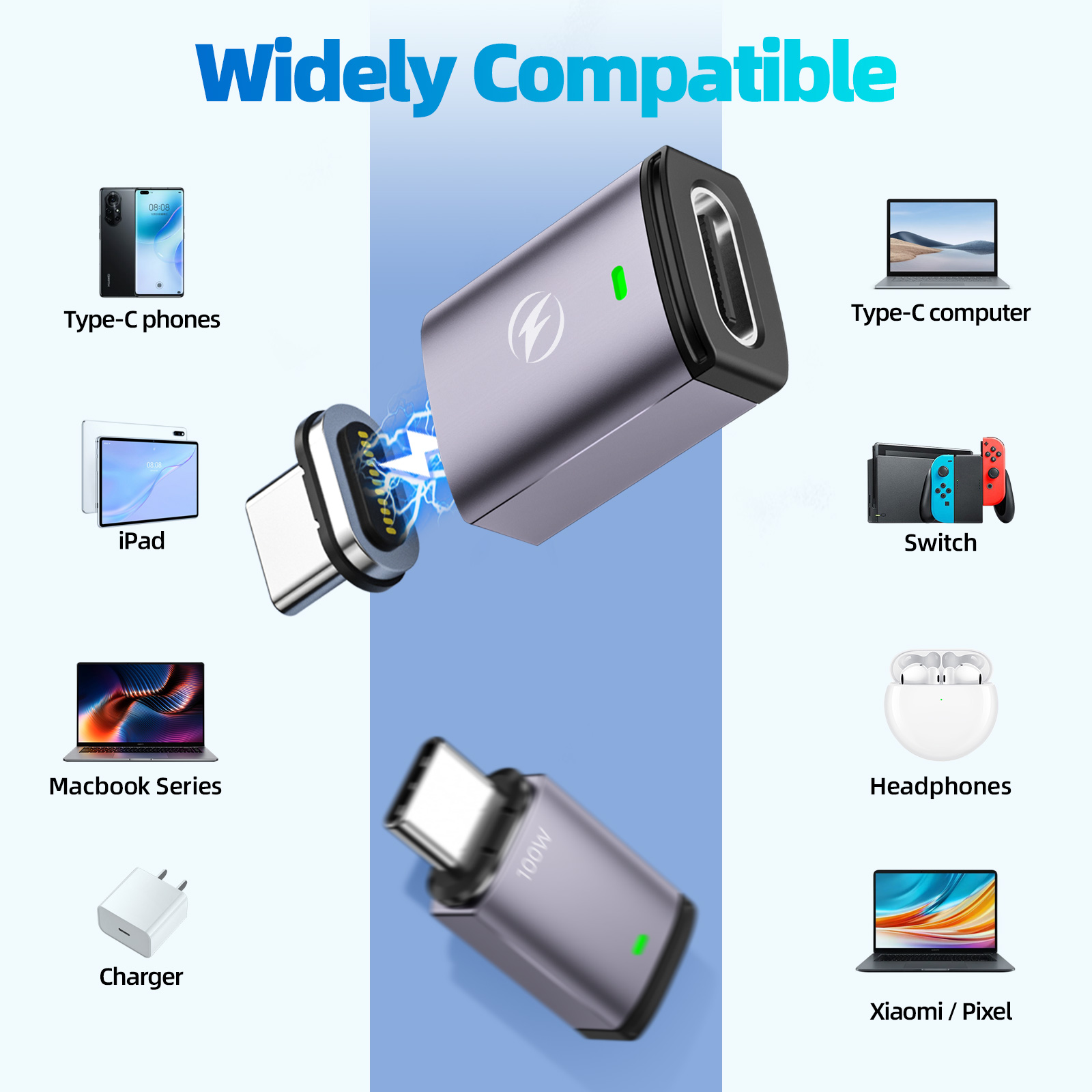 Magnetic USB C Adapter Support USB PD 100W Quick Charge, 480Mbp/s Data Transfer,Compatible for MacBook and Mostly USBC Devices