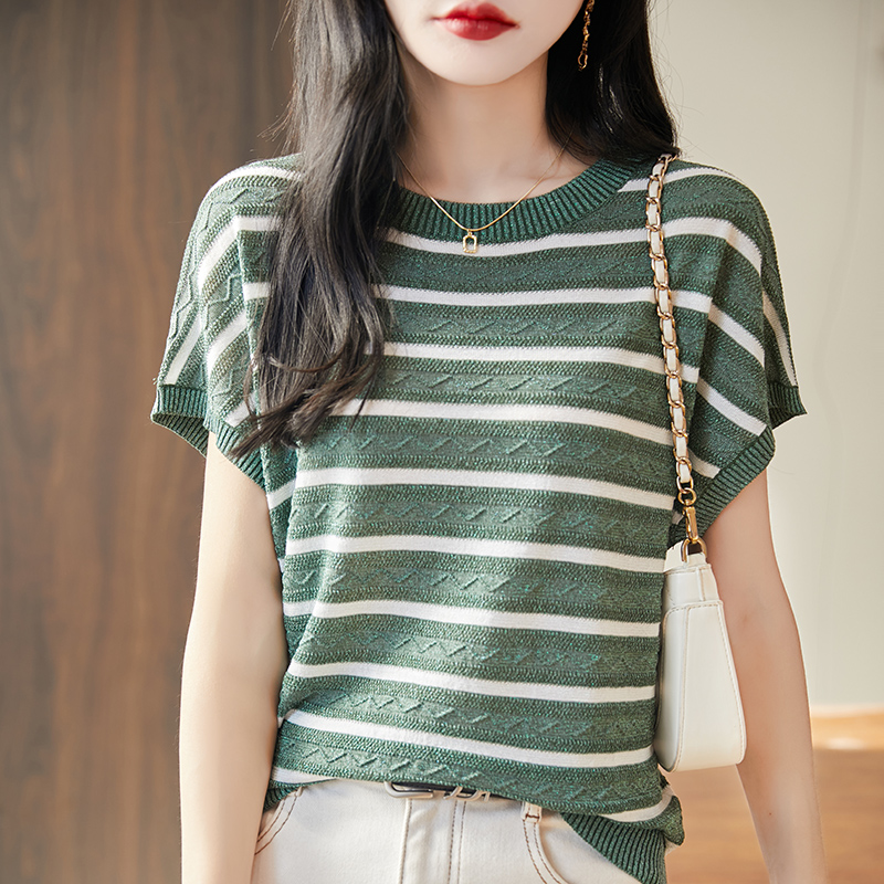 Summer women's T-shirt Lyocell knitted short sleeved casual striped Tees loose round neck Tops Blouse: L / green
