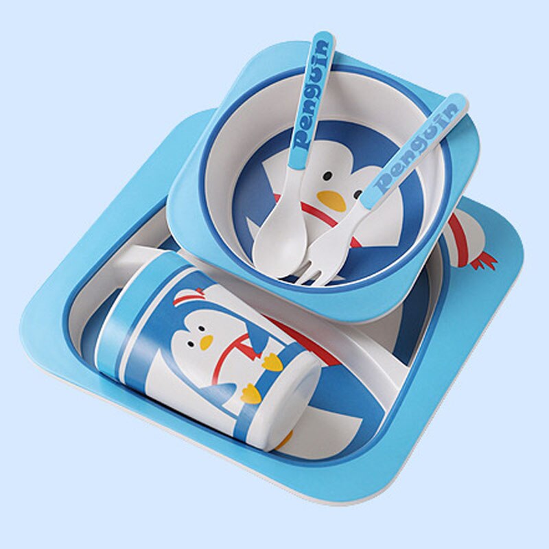 5pcs/set Animal Zoo Baby Plate Bow Cup Forks Dinnerware Feeding Set 100% Bamboo Fiber Baby Children Tableware Set