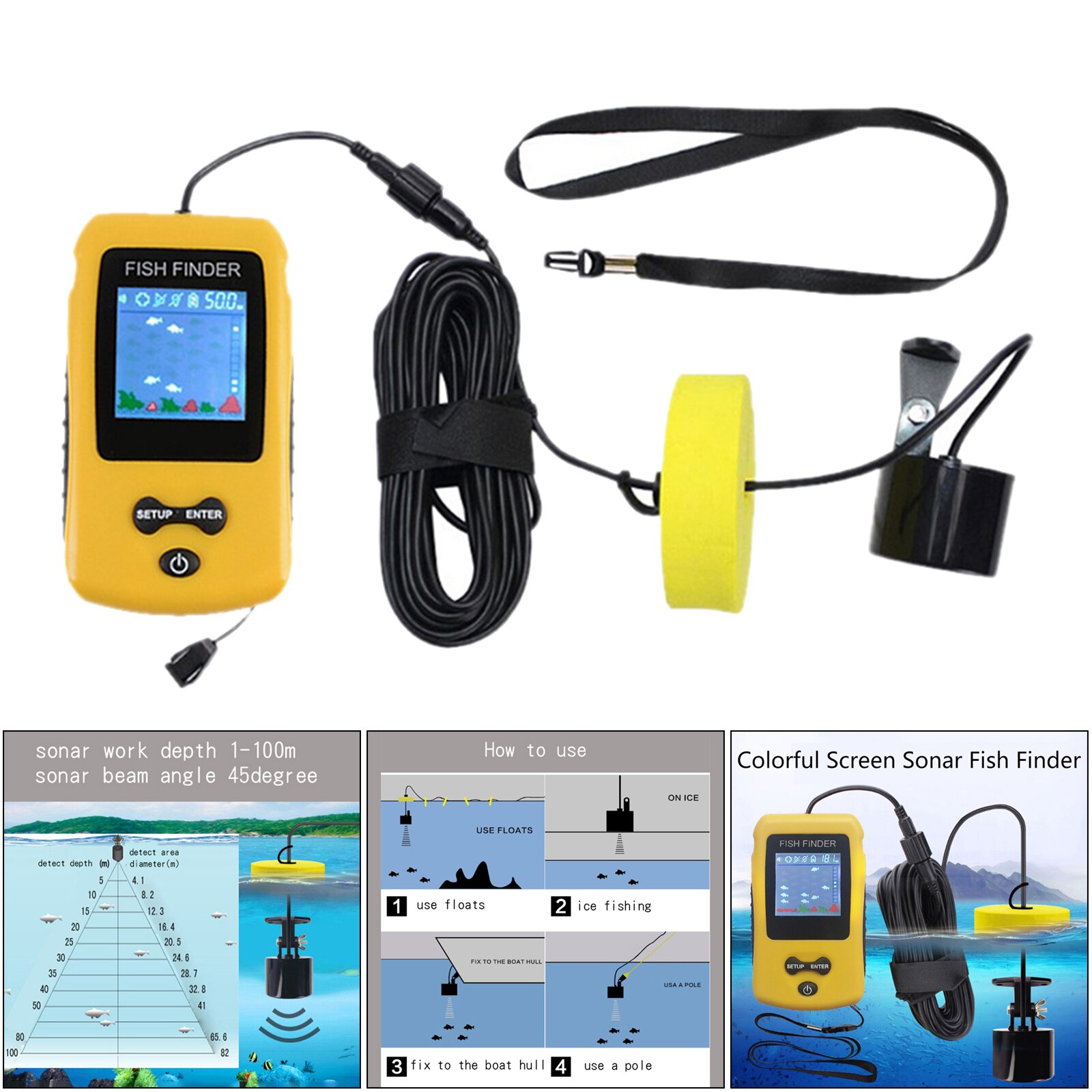 Portable Fish Finder, Contour Readout Compact Fishfinder Depth Sonar Sensor Transducer 5 Sensitivity Fish Depth Finder