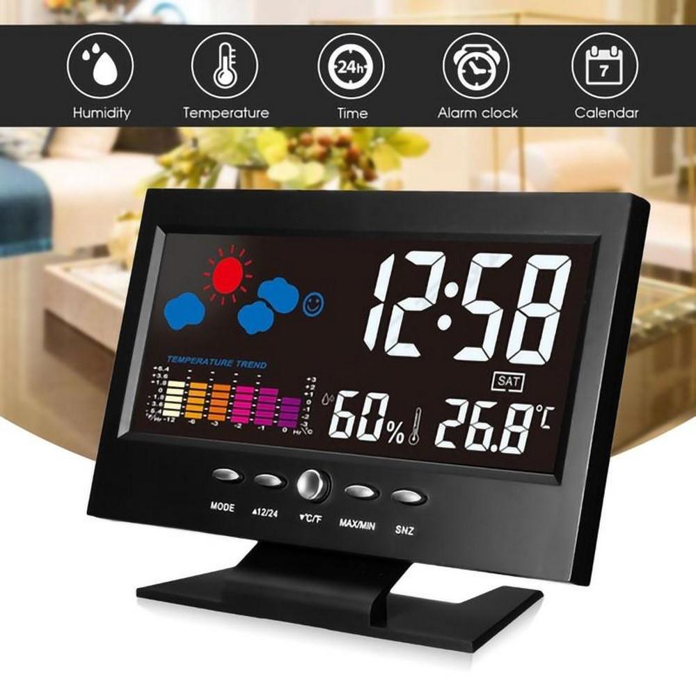 Digital LED Backlight Aalarm Clock Temperature And Humidity Monitor Desktop Weather Station Meter Time Date Clock Voice Control