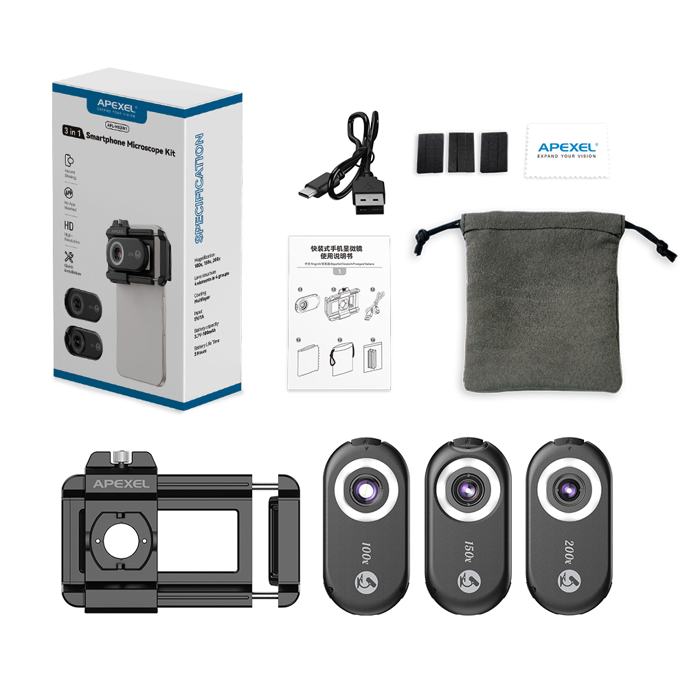 APEXEL nueva lente de microscopio 100X-200X mejorada 3 en 1 Kit de lentes de cámara de teléfono lentes macro con luz LED para todos los teléfonos inteligentes