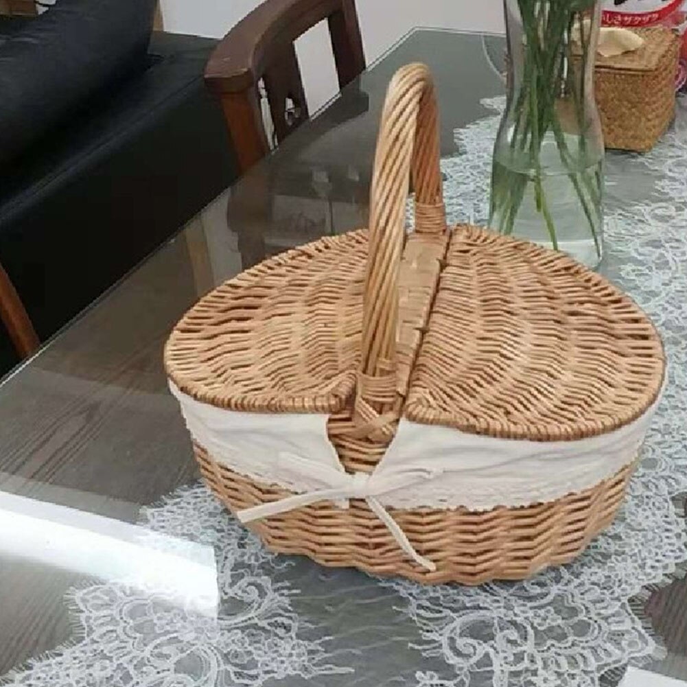 Picnic Basket Hand Made Wicker Camping Shopping Storage Hamper with Lid Picnic Food Basket Woven Fruit Storage Organizer