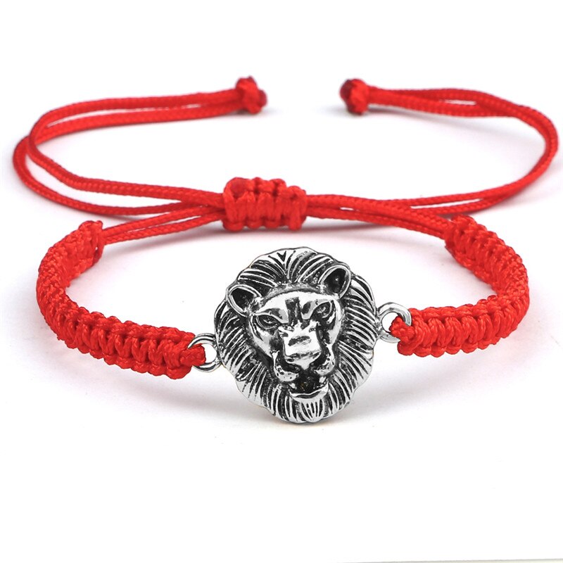 Vintage Leeuwenkop Bedelarmband Handgemaakte Geweven Rood Zwart Knopen Touw Verstelbare Armbanden En Armbanden Voor Vrouwen Mannen Paar Sieraden: Red and silver