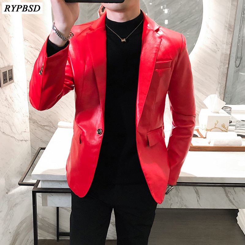 Høst pu skinnjakke blazer koreansk slank skinn dressjakke ensfarget herre skinnjakke m-xxxl