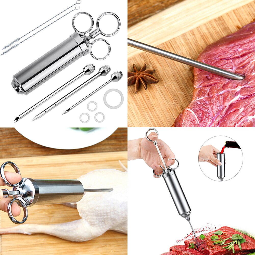 3 naalden Vlees Injector Spuit Gevogelte Marinade Flavour Injector Vlees Kruiden Injectoren BBQ Kit Keuken Tool Rvs