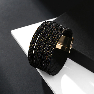 Bracciale da donna in stile bohémien esagerato con polsini magnetici con strass multistrato retrò gioielli da donna: Black